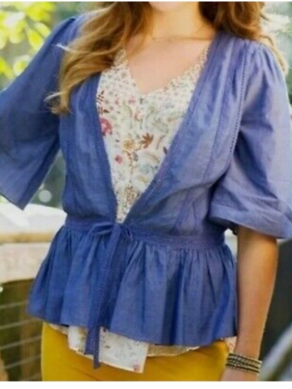Matilda Jane Chambray Crochet Trim Tie Front Peplum Hem Top Size Large